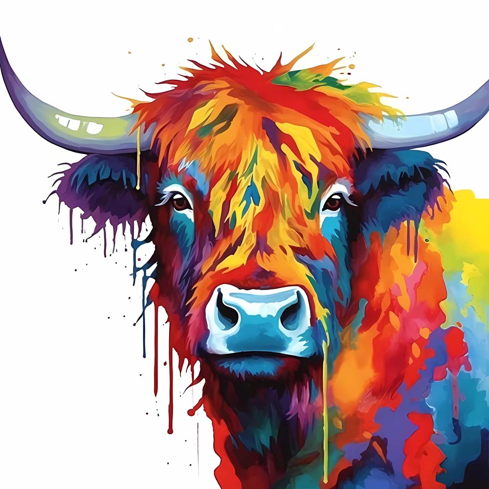 Vibrant highland cow with paint drips cross stitch kit for beginners