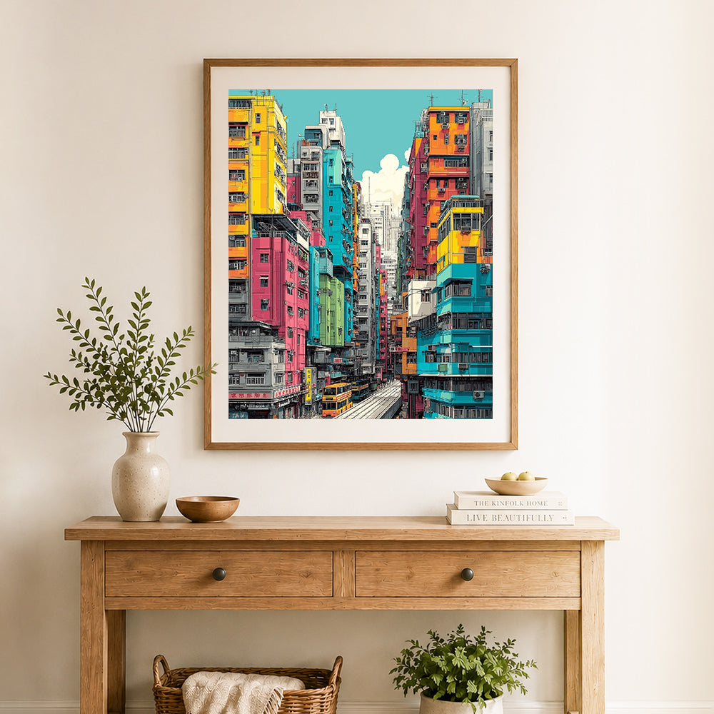 Finished vibrant hong kong skyline cross stitch artwork displayed as home decor