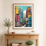 Finished vibrant hong kong skyline cross stitch artwork displayed as home decor