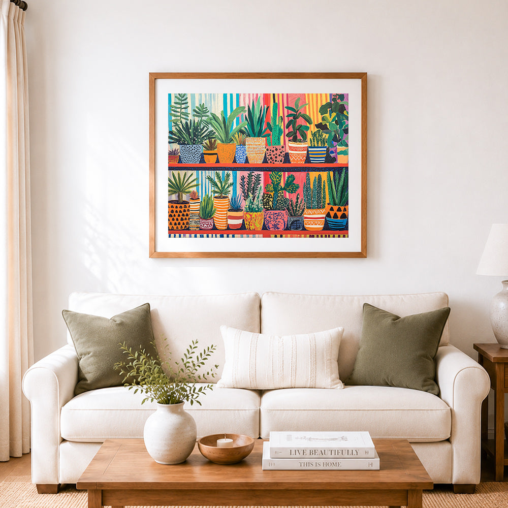 Finished vibrant houseplant collection cross stitch artwork displayed as home decor