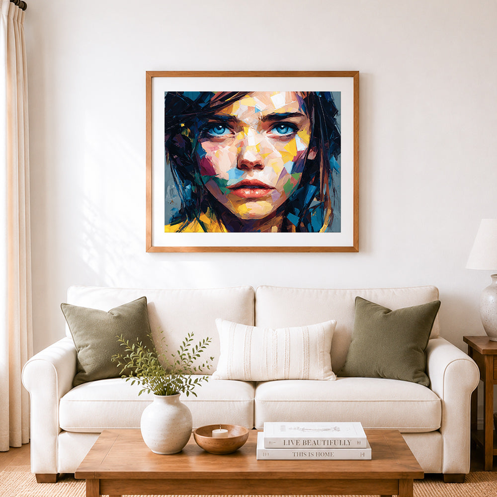 Finished vibrant impasto female face cross stitch artwork displayed as home decor