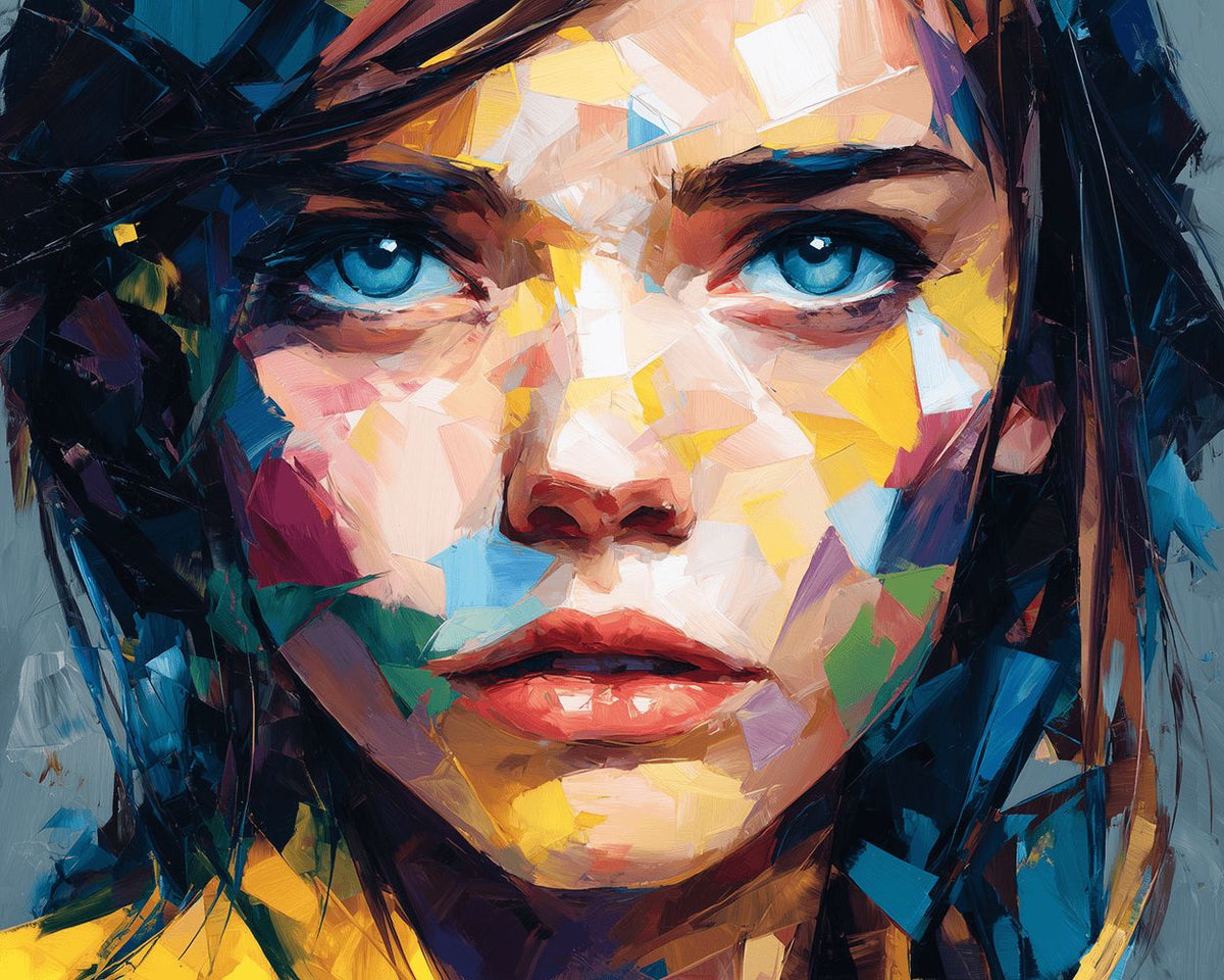 Vibrant impasto female face cross stitch kit for beginners