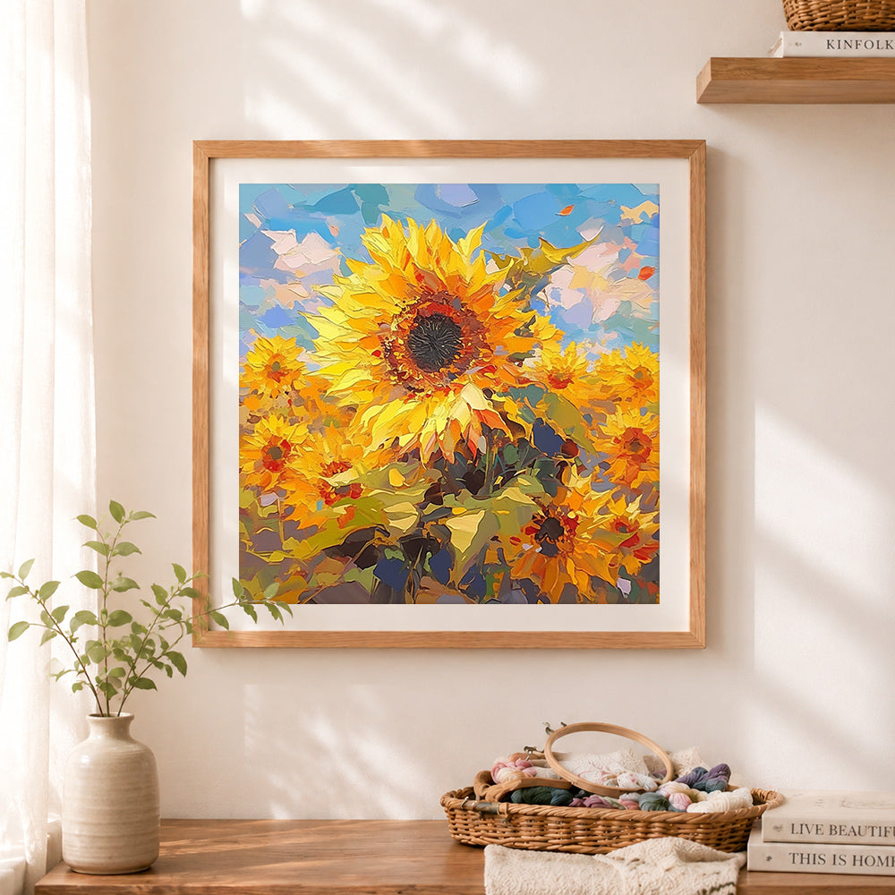 Finished vibrant impasto sunflowers cross stitch artwork displayed as home decor