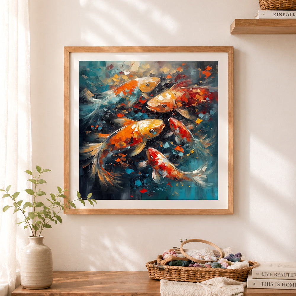 Finished vibrant koi cross stitch artwork displayed as home decor