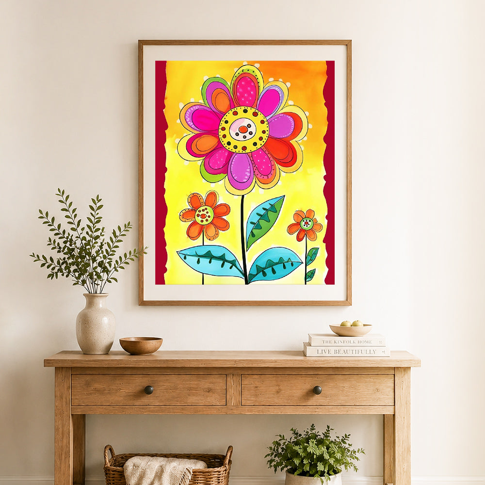 Finished vibrant layered petals cross stitch artwork displayed as home decor