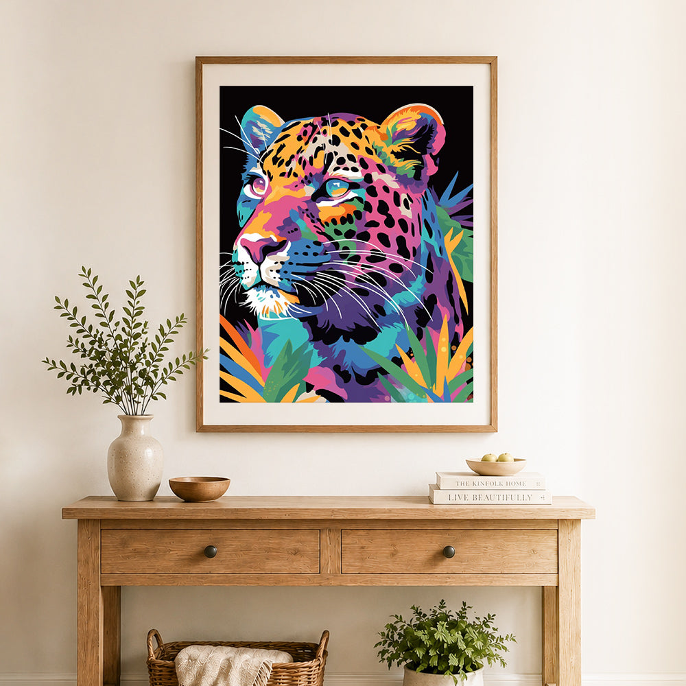 Finished vibrant leopard art cross stitch artwork displayed as home decor