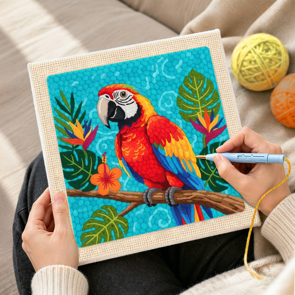 Creating handmade vibrant macaw parrot punch needle artwork