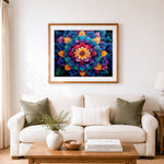 Finished vibrant mandala flower in dark background cross stitch artwork displayed as home decor