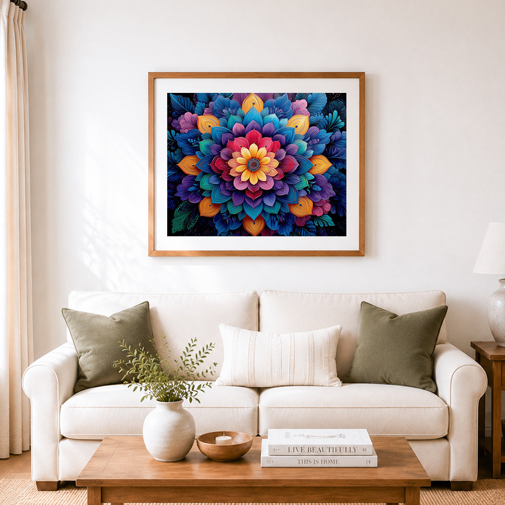 Finished vibrant mandala flower in dark background cross stitch artwork displayed as home decor