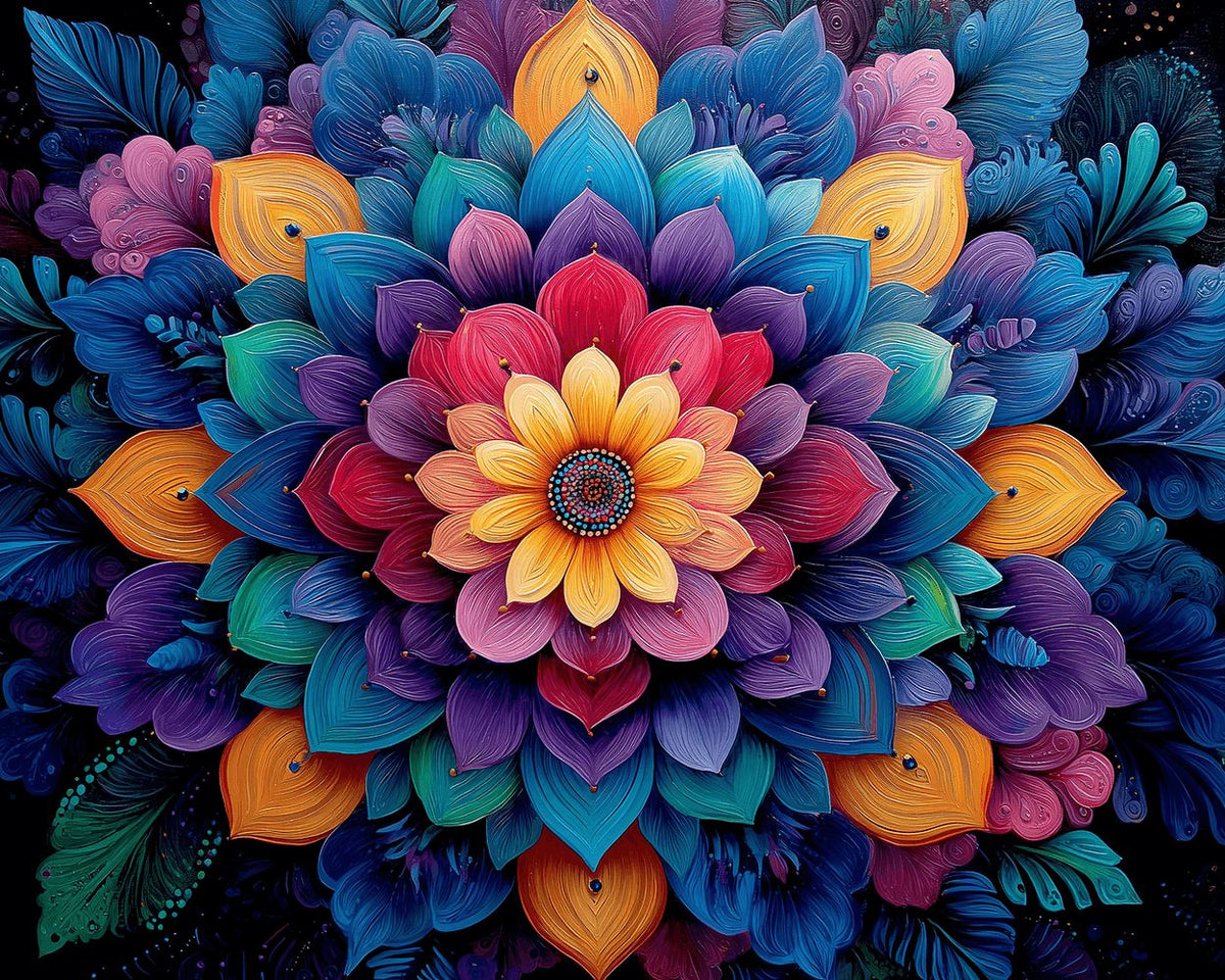 Vibrant mandala flower in dark background cross stitch kit for beginners