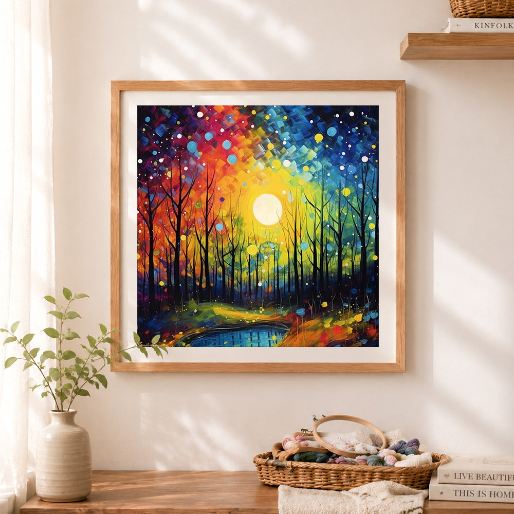 Finished vibrant moonlit forest pond cross stitch artwork displayed as home decor