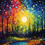 Vibrant moonlit forest pond cross stitch kit for beginners