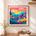 Finished vibrant mountain hamlet cross stitch artwork displayed as home decor