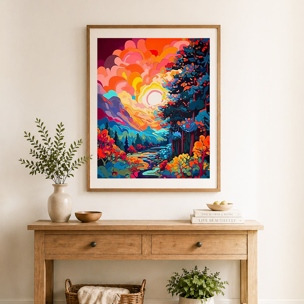 Finished vibrant mountain sunset cross stitch artwork displayed as home decor