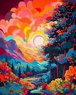 Vibrant mountain sunset cross stitch kit for beginners