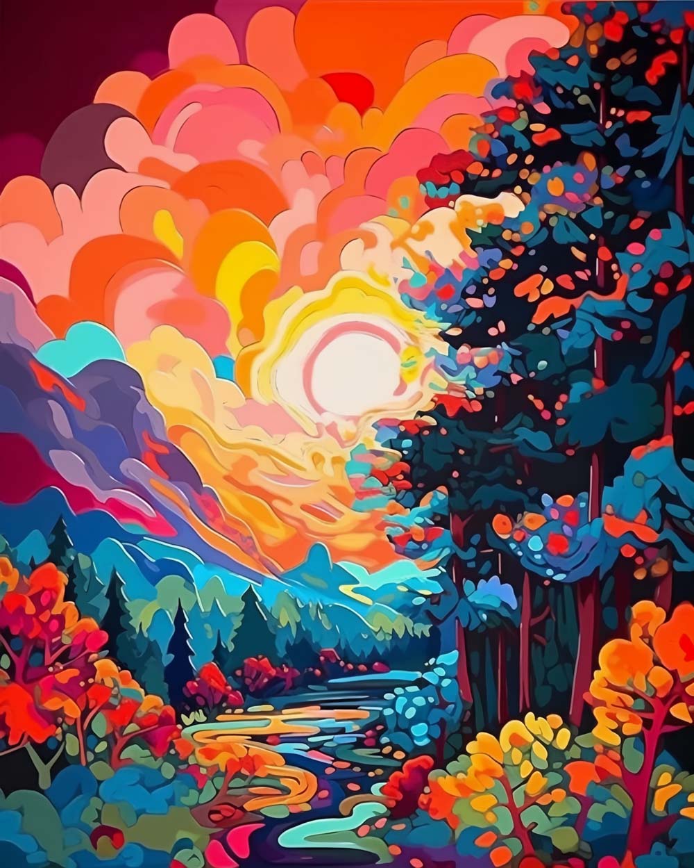 Vibrant mountain sunset cross stitch kit for beginners