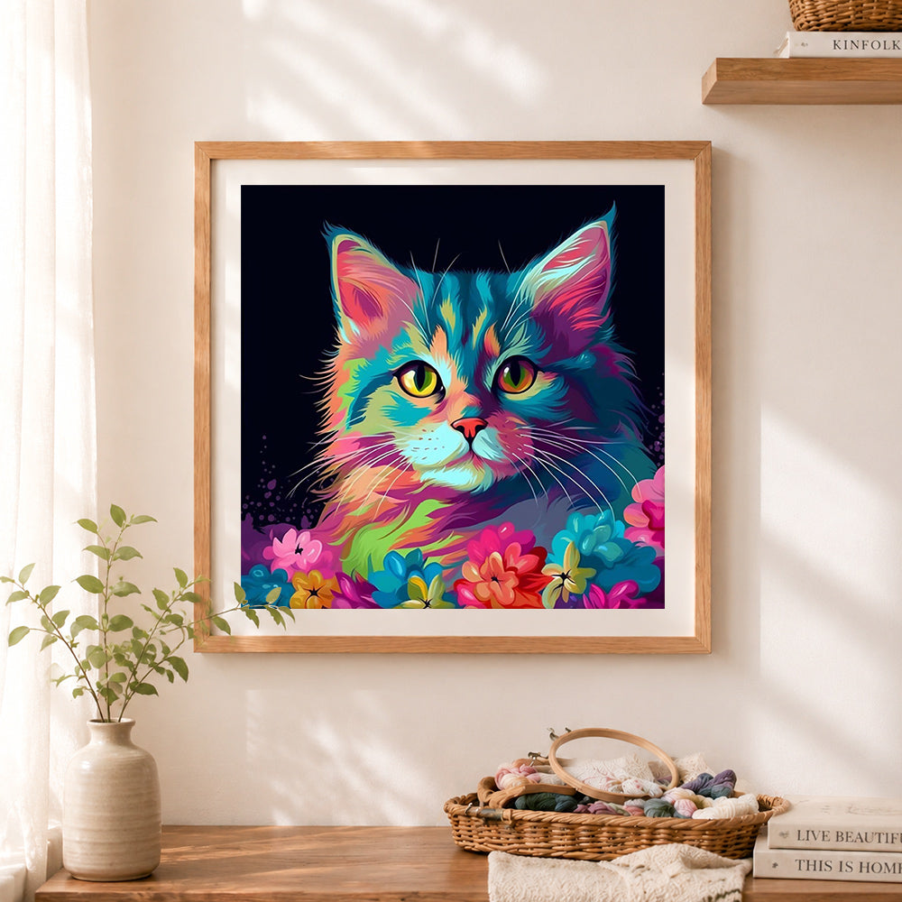 Finished vibrant multicolored cat and blooms cross stitch artwork displayed as home decor