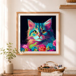Finished vibrant multicolored cat and blooms cross stitch artwork displayed as home decor