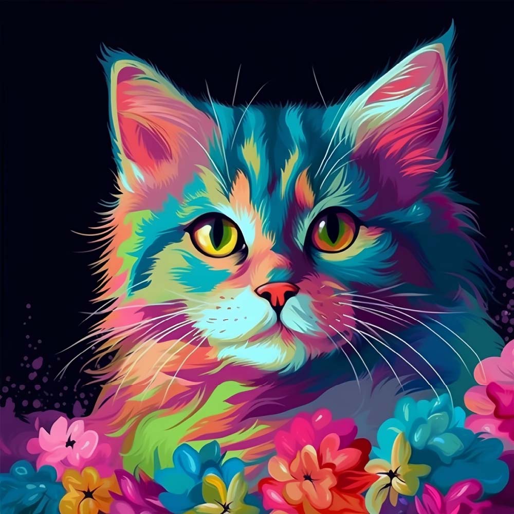 Vibrant multicolored cat and blooms cross stitch kit for beginners