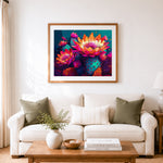 Finished vibrant neon cactus cross stitch artwork displayed as home decor