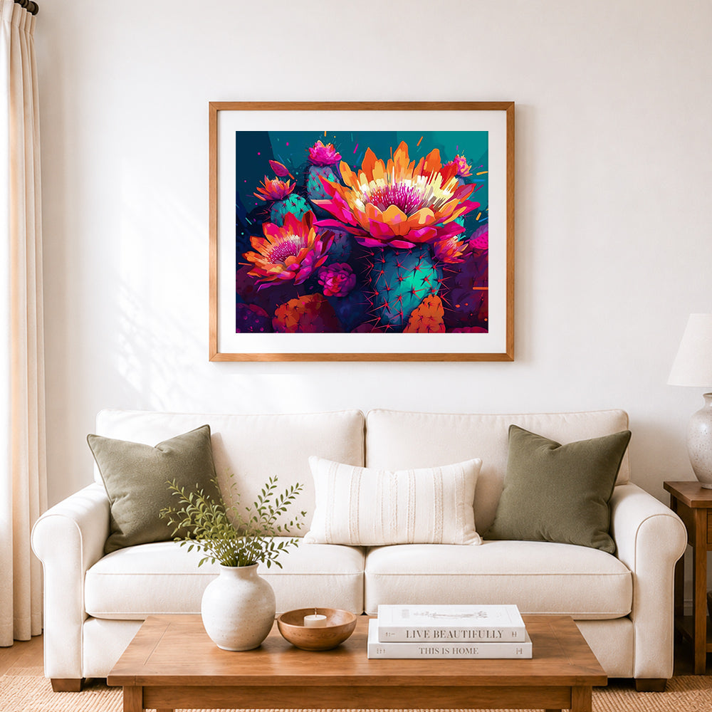 Finished vibrant neon cactus cross stitch artwork displayed as home decor