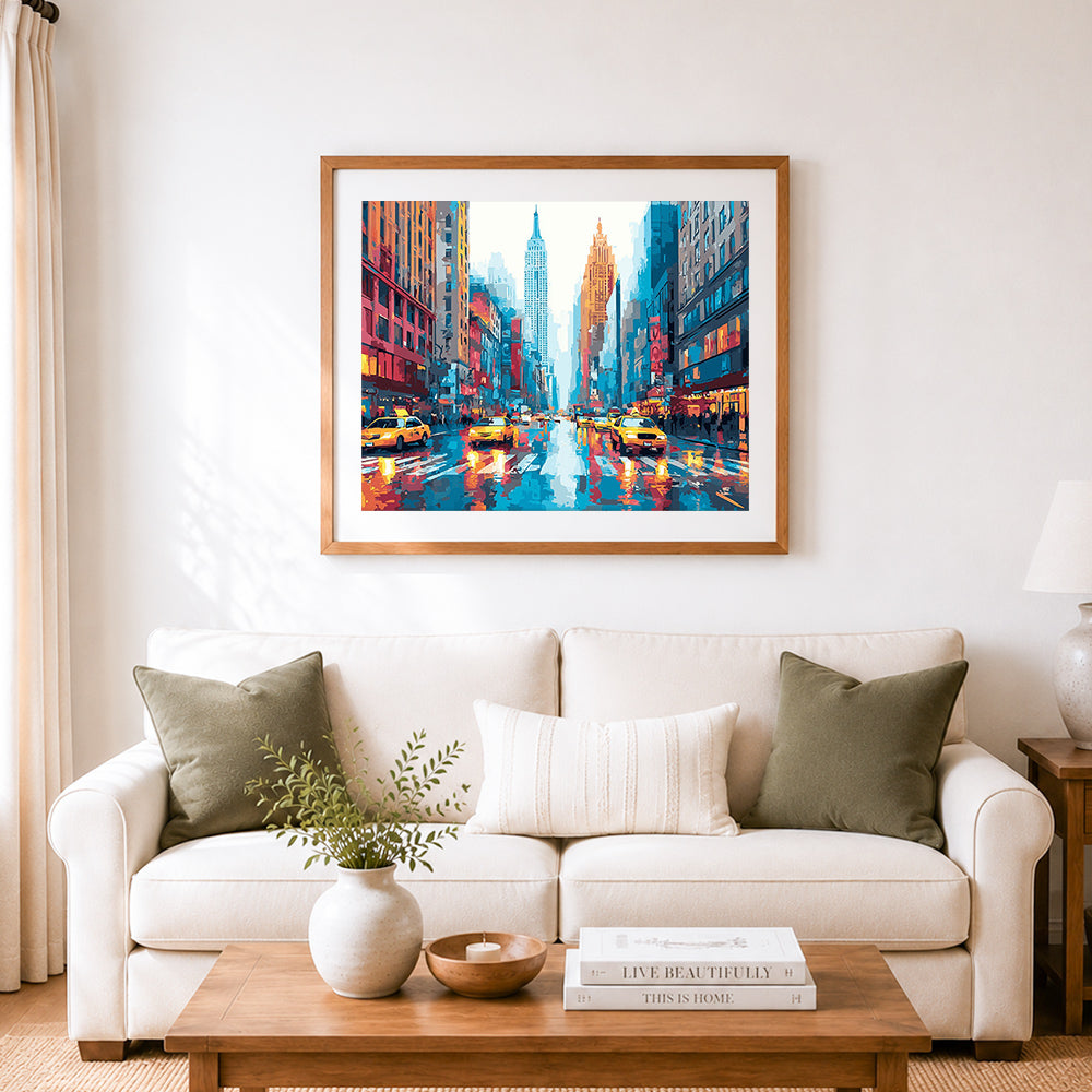 Finished vibrant new york city cross stitch artwork displayed as home decor