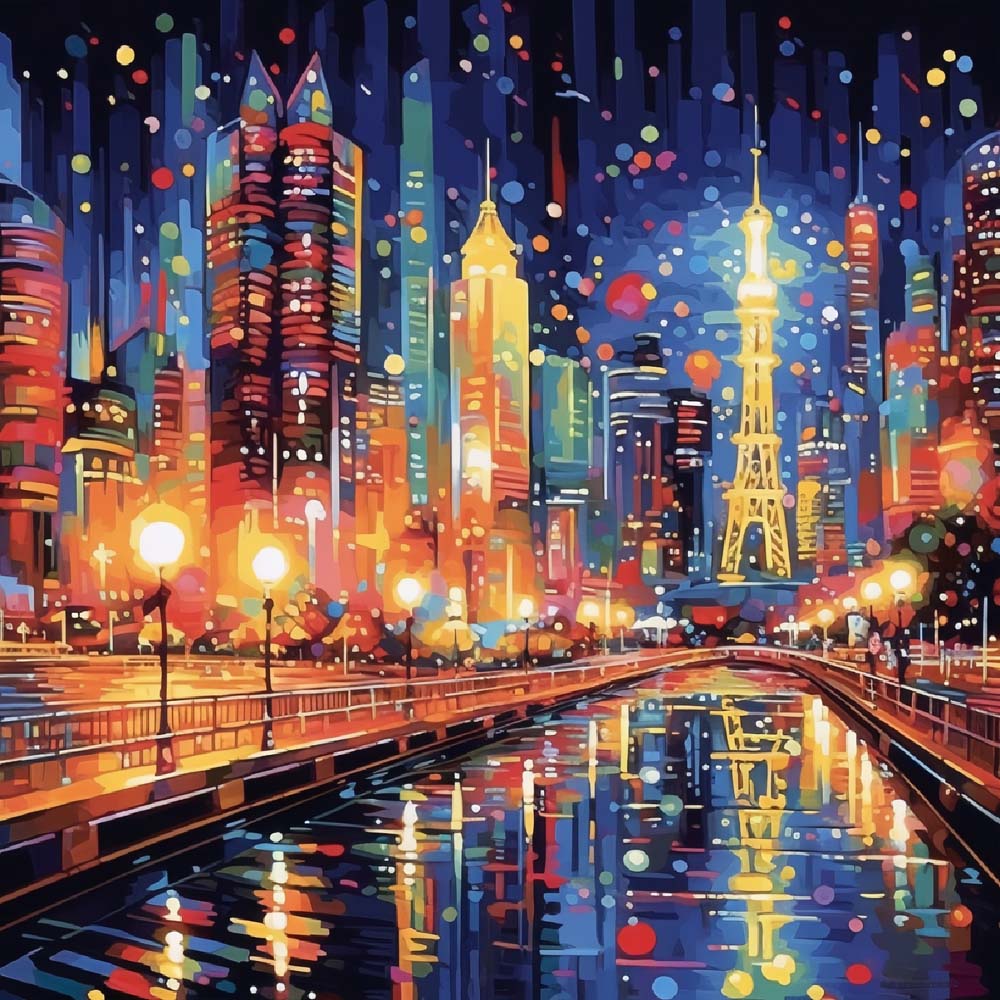 Vibrant night metropolis cross stitch kit for beginners