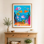 Finished vibrant ocean friends cross stitch artwork displayed as home decor