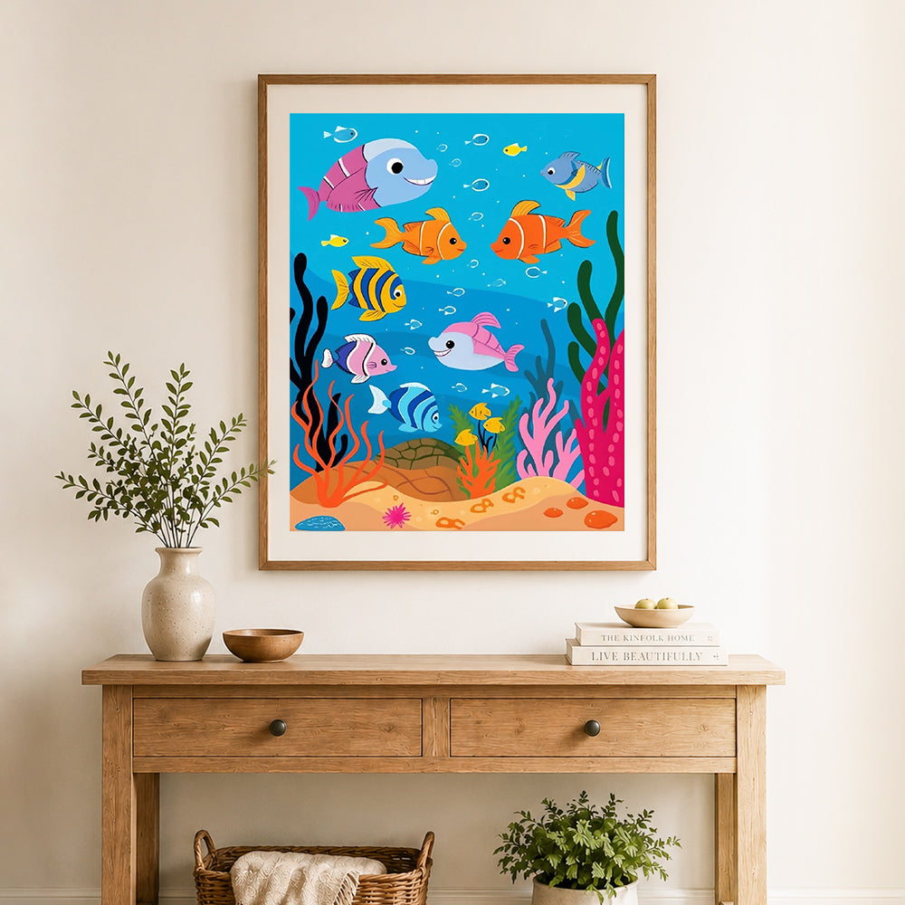 Finished vibrant ocean friends cross stitch artwork displayed as home decor