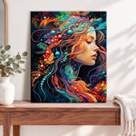 Finished vibrant ocean muse pearl diamond painting artwork displayed as home decor