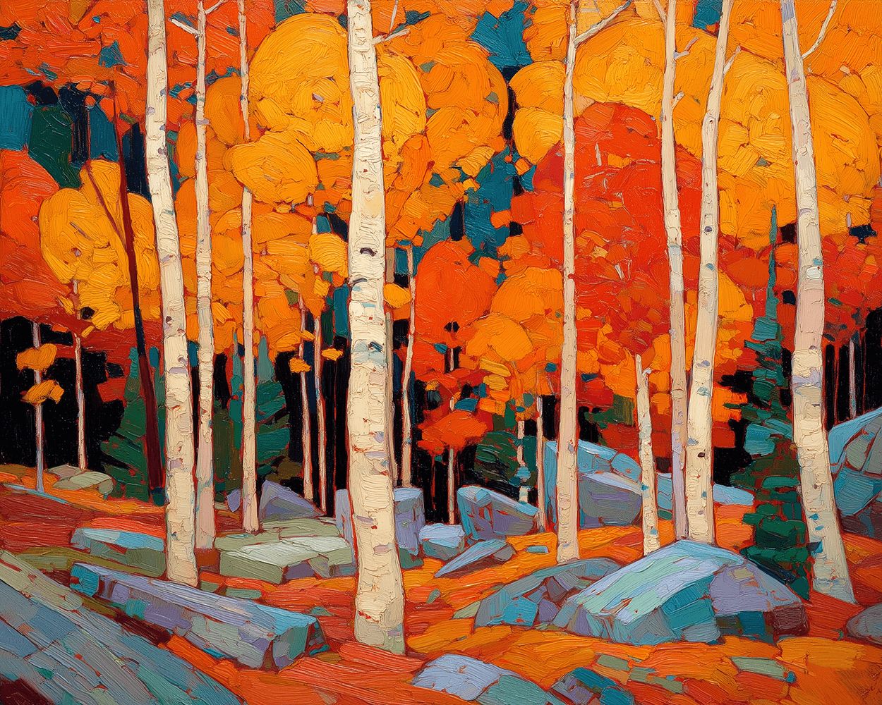 Vibrant orange autumn birch forest cross stitch kit for beginners