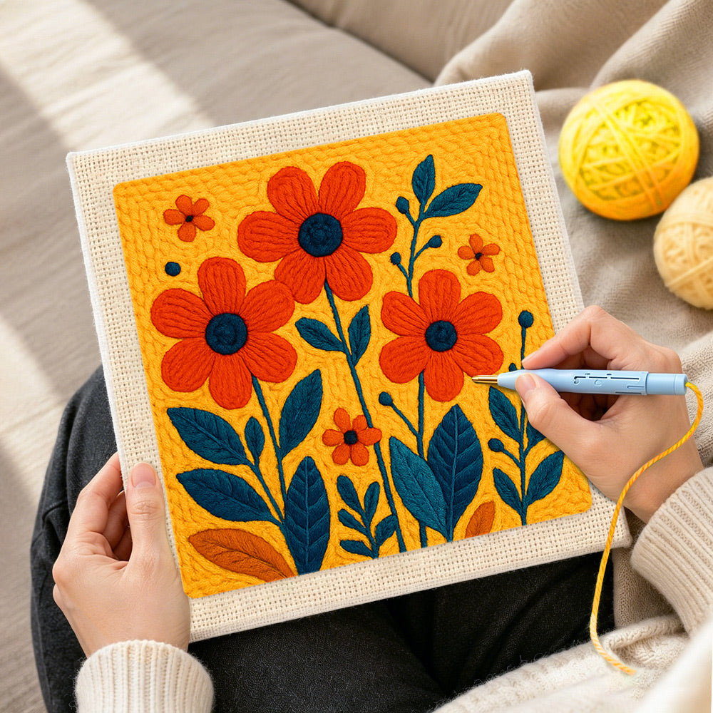 Creating handmade vibrant orange florals punch needle artwork