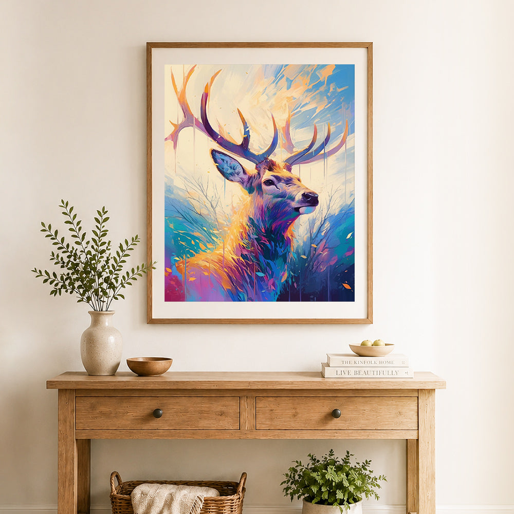 Finished vibrant painted stag cross stitch artwork displayed as home decor