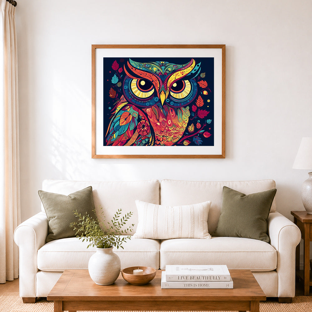 Finished vibrant patterned owl cross stitch artwork displayed as home decor