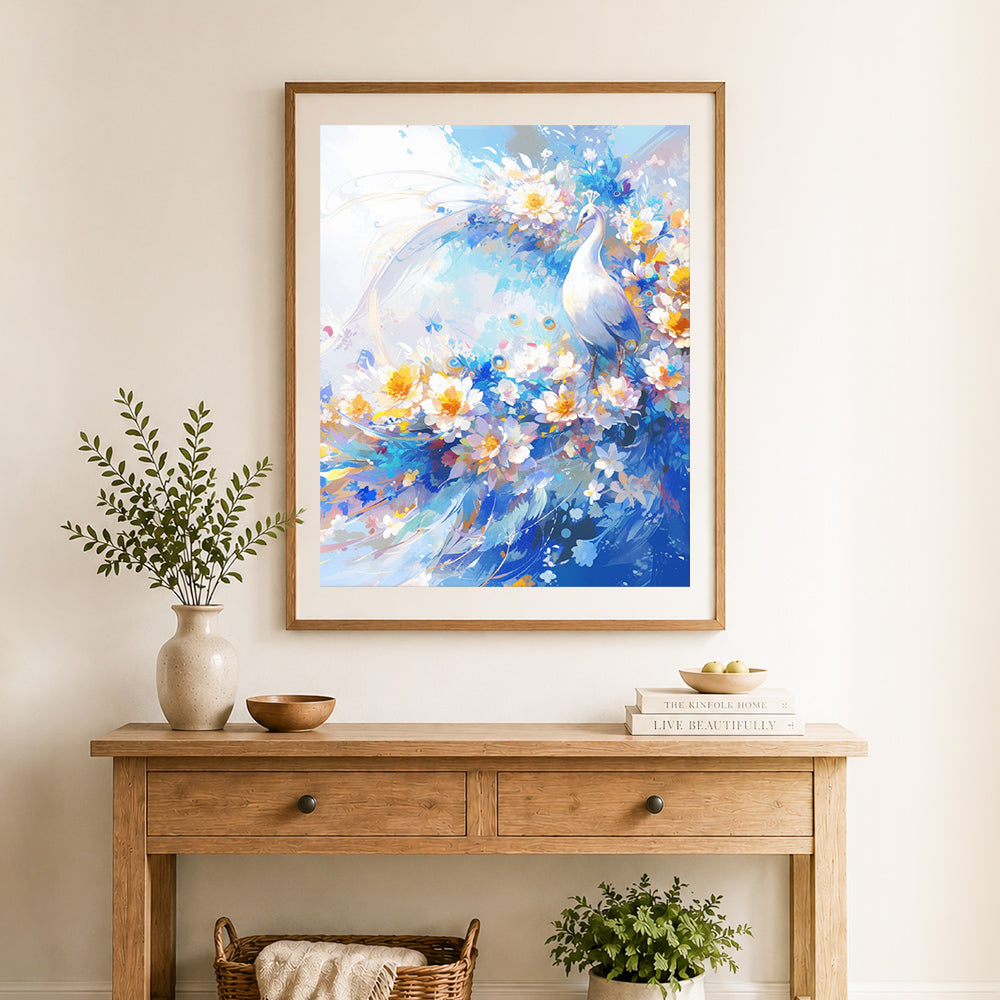 Finished vibrant peacock floral art cross stitch artwork displayed as home decor