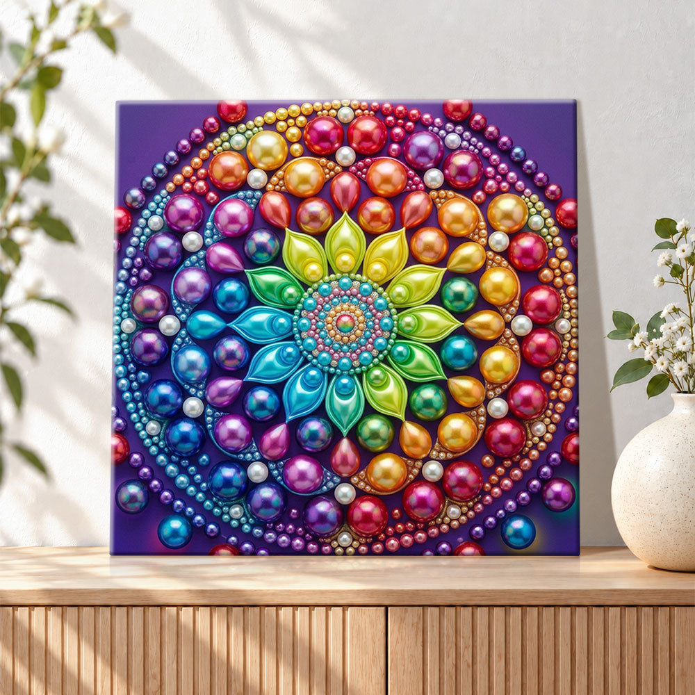 Finished vibrant pearl mandala bloom pearl diamond painting artwork displayed as holiday home decor
