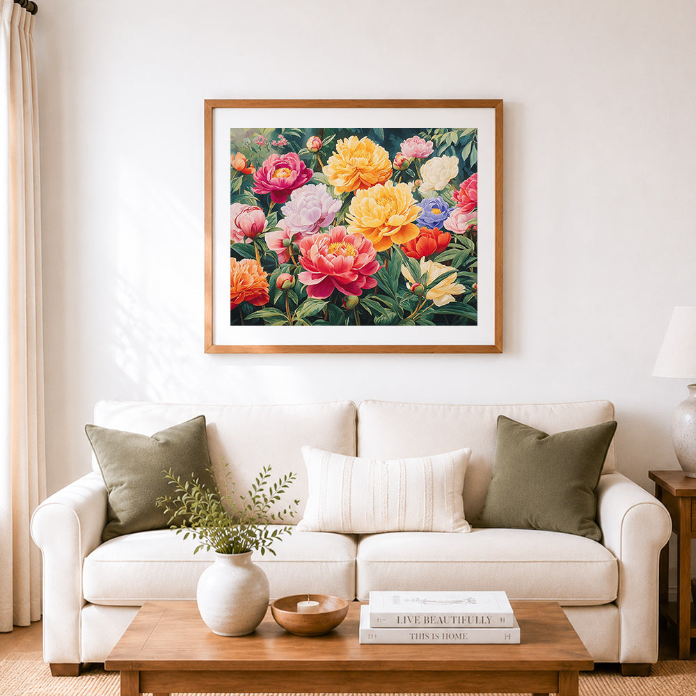 Finished vibrant peony garden blooms cross stitch artwork displayed as home decor