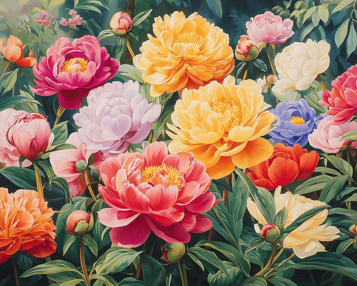 Vibrant peony garden blooms cross stitch kit for beginners