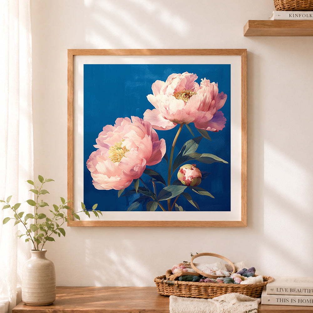 Finished vibrant pink peonies on indigo background cross stitch artwork displayed as home decor