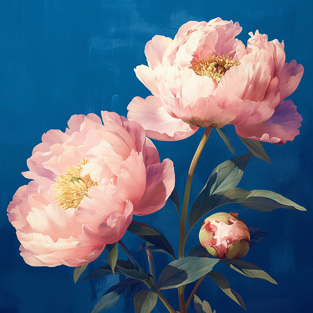Vibrant pink peonies on indigo background cross stitch kit for beginners