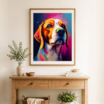 Finished vibrant pop‑art beagle cross stitch artwork displayed as home decor