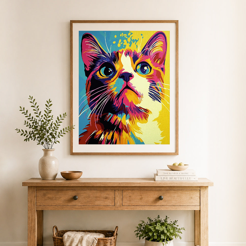 Finished vibrant pop art cat cross stitch artwork displayed as home decor