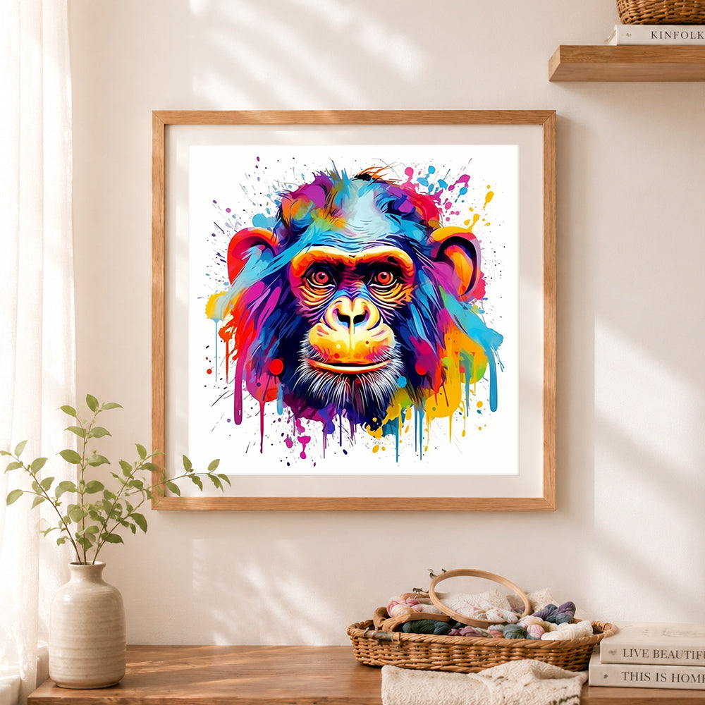 Finished vibrant pop‑art chimp portrait cross stitch artwork displayed as home decor