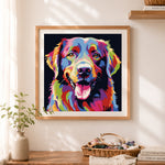 Finished vibrant pop art dog portrait cross stitch artwork displayed as home decor