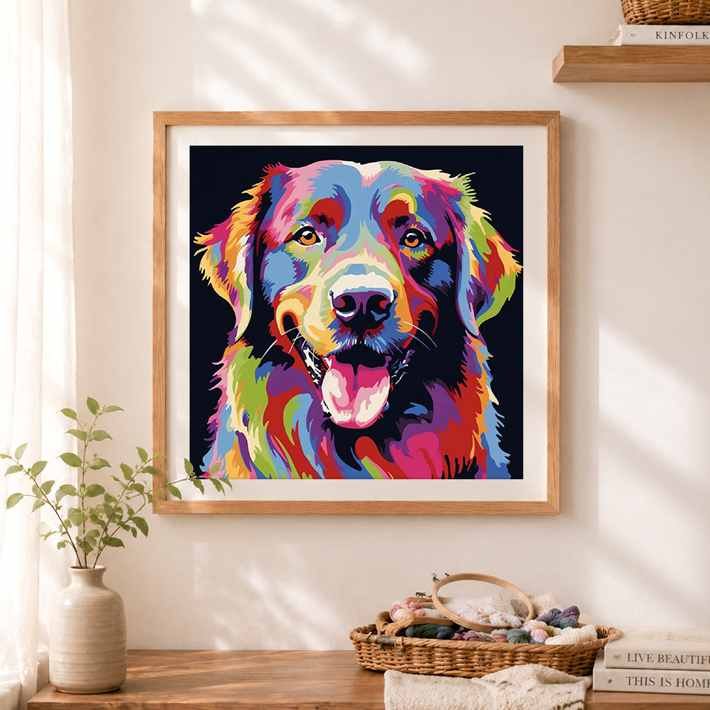 Finished vibrant pop art dog portrait cross stitch artwork displayed as home decor