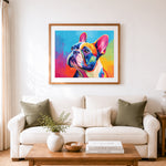 Finished vibrant pop art french bulldog cross stitch artwork displayed as home decor