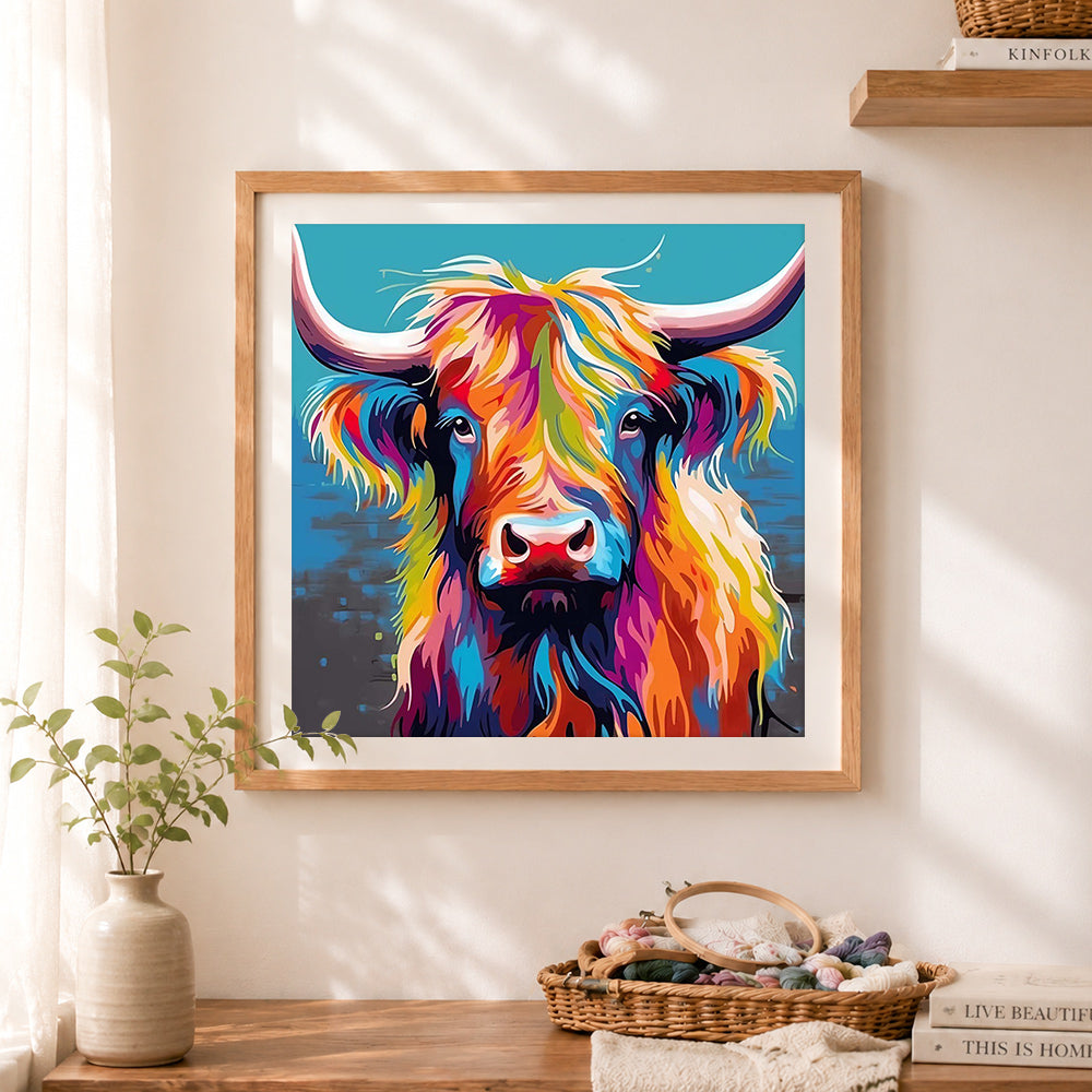 Finished vibrant pop art highland cow cross stitch artwork displayed as home decor