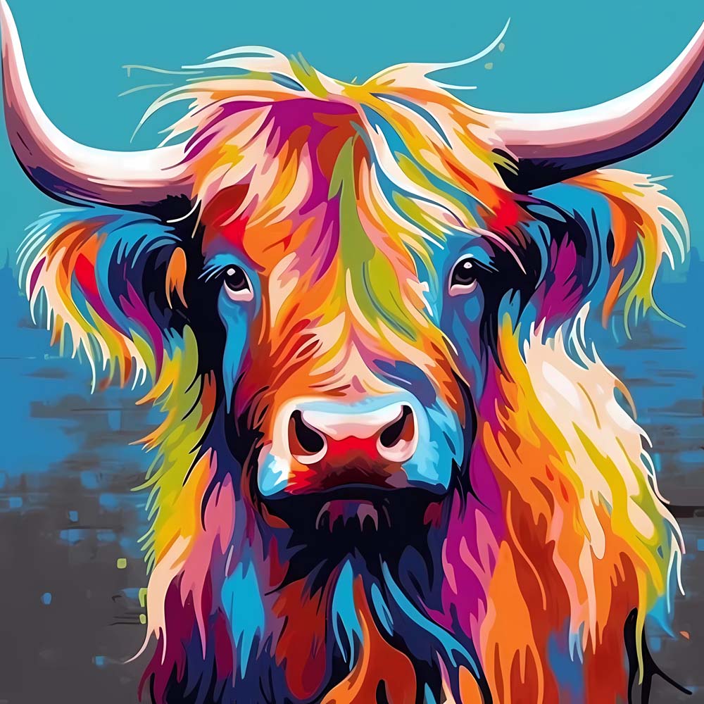 Vibrant pop art highland cow cross stitch kit for beginners