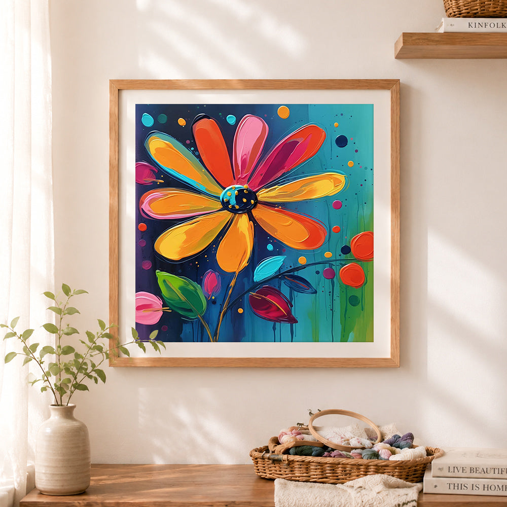 Finished vibrant pop flower on dark teal cross stitch artwork displayed as home decor