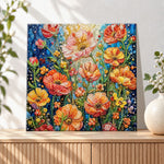 Finished vibrant poppy flowers pearl diamond painting artwork displayed as holiday home decor